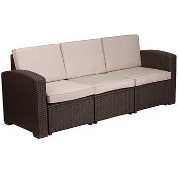 Flash Furniture Sofa with All-Weather Cushions, Faux Rattan, Chocolate Brown/Beige