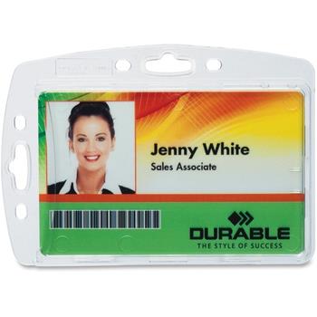 Durable Shell-Style ID Badge Holders With Strap Clip, 2-1/10&quot; x 3-1/4&quot;, 10/PK