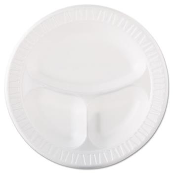 Dart 3 Compartment Round Plates, Laminated Foam, 10 1/4&quot;, White, 125 Plates/Pack, 4 Packs/Carton