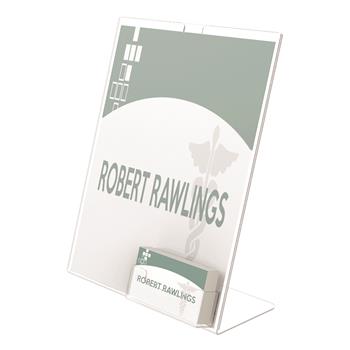 deflecto Slanted Sign Holder w/Business Card Holder, 8.5&quot; x 11&quot;, Clear