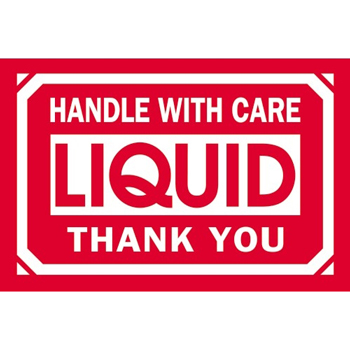 W.B. Mason Co. Labels, Handle With Care- Liquid- Thank You, 2 in x 3 in, Red/White, 500/Roll