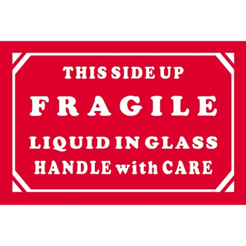 W.B. Mason Co. Labels, This Side Up- Fragile- Liquid In Glass- Handle With Care, 2 in x 3 in, Red/White, 500/Roll