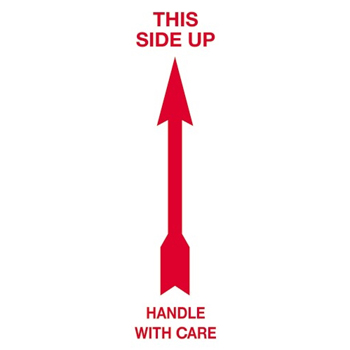 W.B. Mason Co. Arrow Labels, This Side Up- Handle With Care, 2 in x 8 in, Red/White, 500/Roll