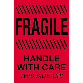 W.B. Mason Co. Labels, Fragile- Handle With Care- This Side Up!, 4 in x 6 in, Fluorescent Red, 500/Roll