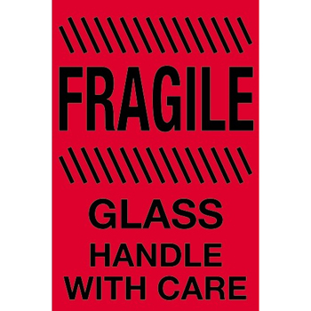 W.B. Mason Co. Labels, Fragile- Glass- Handle With Care, 4 in x 6 in, Fluorescent Red, 500/Roll