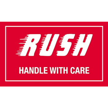 W.B. Mason Co. Rush Labels, Rush Handle with Care, 3 in x 5 in, Red/White, 500/Roll