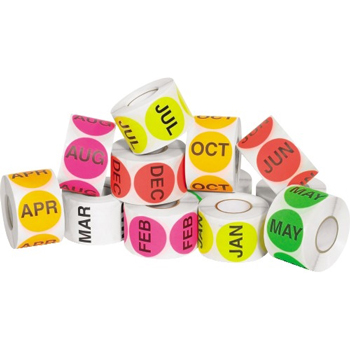 W.B. Mason Co. Months Of The Year Labels, 2 in Circle, Easy Order Packs, Assorted Colors, 500/Roll, 12 Rolls/Case
