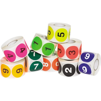 W.B. Mason Co. Number Labels, 1-10, 2 in Circle, Easy Order Packs, Assorted Colors, 500/Roll, 10 Rolls/Case