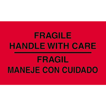 W.B. Mason Co. Bilingual Labels, Fragile- Handle With Care / Fragil- Maneje Con Cuidado, 3 in x 5 in, Fluorescent Red, 500/Roll