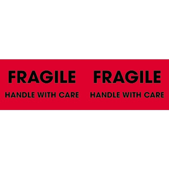 W.B. Mason Co. Labels, Fragile- Handle With Care, 3 in x 10 in, Fluorescent Red, 500/Roll