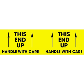 W.B. Mason Co. Labels, This End Up- Handle With Care, 3 in x 10 in, Fluorescent Yellow, 500/Roll