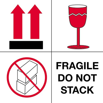 W.B. Mason Co. Arrow Labels, Fragile- Do Not Stack, 4 in x 4 in, Red/White/Black, 500/Roll