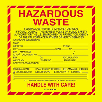 W.B. Mason Co. Labels, Hazardous Waste- California, 6 in x 6 in, Red/Yellow/Black, 500/Roll