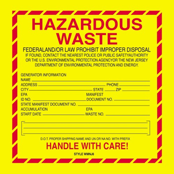 W.B. Mason Co. Labels, Hazardous Waste- New Jersey, 6 in x 6 in, Red/Yellow/Black, 500/Roll