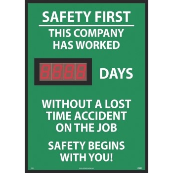 NMC Digital Safety Scoreboard Sign, Days Without A Lost Time Accident On The Job, 28 x 20, Green