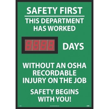 NMC Digital Safety Scoreboard Sign, OSHA Recordable Injury On The Job Sign, 28 x 20, Green