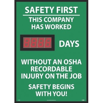 NMC Digital Safety Scoreboard Sign, OSHA Recordable Injury On The Job, 28 x 20, Green