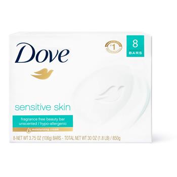 Dove Sensitive Skin Bath Bar, 4.5 oz Bar, Unscented, 8 Bars Per Pack, 9 Packs/CT