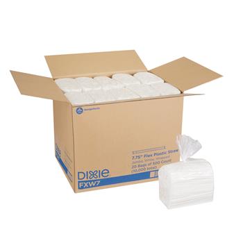 Dixie Jumbo Wrapped Flex Plastic Straws, 7.75&quot; White, Bagged, 10,000/Carton