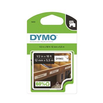 DYMO D1 Permanent High-Performance Polyester Label Tape, 1/2in x 18ft, Black on White