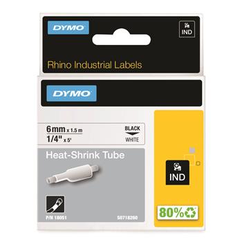 DYMO Rhino Heat Shrink Tubes Industrial Label Tape, 1/4&quot; x 5 ft, White/Black Print