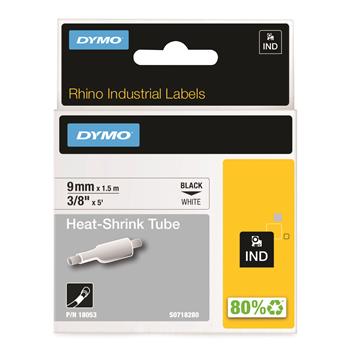 DYMO Rhino Heat Shrink Tubes Industrial Label Tape, 3/8&quot; x 5 ft, White/Black Print