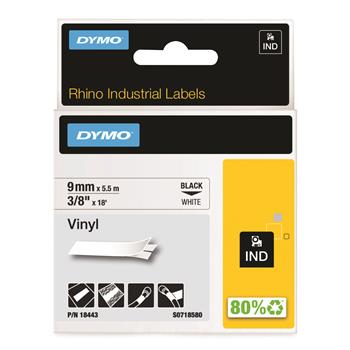 DYMO Rhino Permanent Vinyl Industrial Label Tape, 3/8&quot; x 18&#39;, White/Black Print
