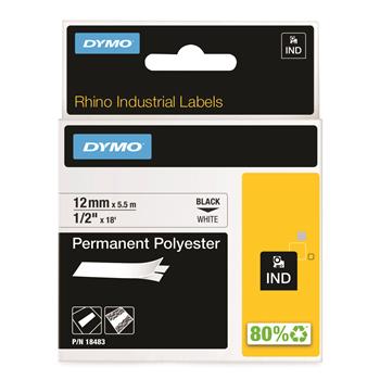 DYMO Rhino Permanent Poly Industrial Label Tape Cassette, 1/2in x 18ft, White