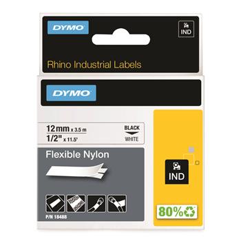 DYMO Rhino Flexible Nylon Industrial Label Tape Cassette, 1/2in x 11-1/2 ft, White