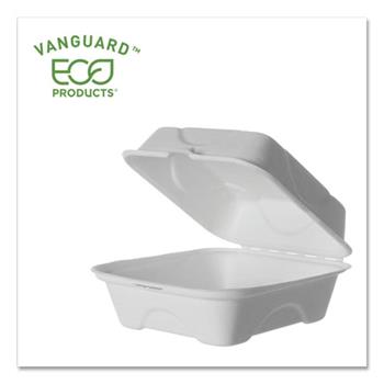 Eco-Products Vanguard Renewable and Compostable Sugarcane Clamshells, 6 x 6 x 3, White, 500/Carton