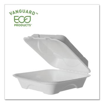 Eco-Products Vanguard Renewable and Compostable Clamshells, Bagasse, Square, 8&quot; L x 8&quot; H x 3&quot; H, White, 200/Carton