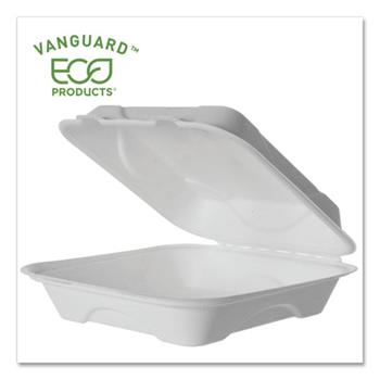 Eco-Products Vanguard Renewable and Compostable Clamshells, Bagasse, Square, 9&quot; L x 9&quot; W x 3&quot; H, White, 200/Carton