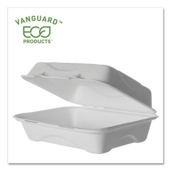 Eco-Products Vanguard Renewable and Compostable Clamshells, Bagasse,Rectangular,  9&quot; L x 6&quot; W x 3&quot; H, White, 250/Carton