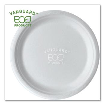 Eco-Products Vanguard Renewable and Compostable Round Plates, Sugarcane, 10&quot;, White, 500 Plates/Carton
