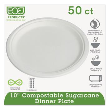 Eco-Products&#174; Compostable Sugarcane Dinnerware, 10&quot; Plate, Natural White, 50/Pack