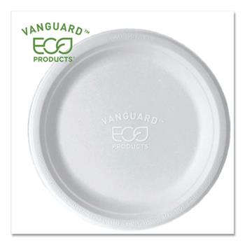 Eco-Products Vanguard Renewable and Compostable Sugarcane Plates, 9&quot;, White, 500/Carton