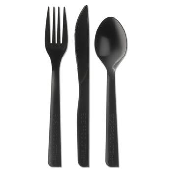 Eco-Products 100% Recycled Content Cutlery Kit of Knives, Forks, Spoons, Plastic, 6&quot; L, Black, 250 Kits, Carton