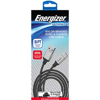 Energizer Nylon Braided Metal Tip Micro Sync &amp; Charge Cable, 6 ft.
