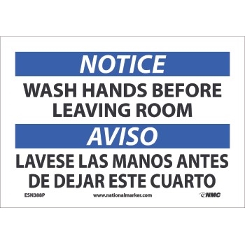 NMC Notice Sign, Wash Hands Before Leaving Room, Bilingual, 7&#39;&#39; x 10&#39;&#39;, Pressure Sensitive Vinyl
