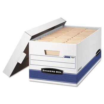 Bankers Box Storage Box, Legal, Lift-off Closure, Medium Duty, Stackable, White/Blue, 4/Carton