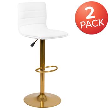 Flash Furniture Modern White Vinyl Adjustable Bar Stool With Back, Gold Pedestal Base, 2/ST