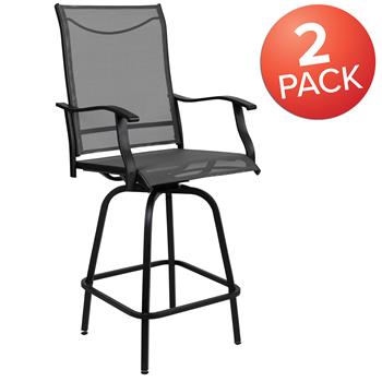 Flash Furniture All-Weather Textilene Bar Height Swivel Patio Stools, High Back, Armrests, Gray, 2/EA