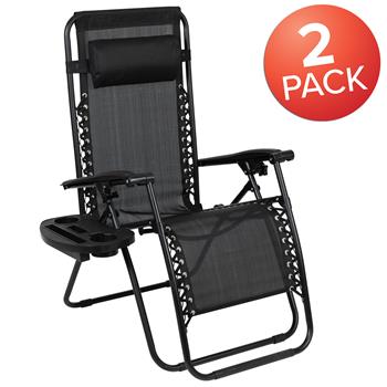 Flash Furniture Adjustable Folding Mesh Zero Gravity Reclining Lounge Chair With Cup Holder Tray, Black, 2/ST