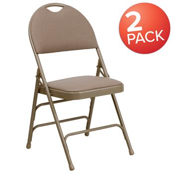 Flash Furniture Hercules Series Ultra-Premium Triple Braced Metal Folding Chair, Easy-Carry Handle, Beige Fabric, 2/PK
