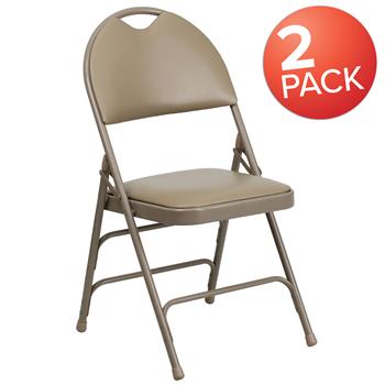 Flash Furniture Hercules Series Ultra-Premium Triple Braced Metal Folding Chair, Easy-Carry Handle, Beige Vinyl, 2/PK