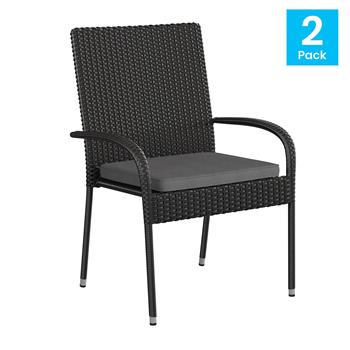 Flash Furniture Maxim Stackable Indoor/Outdoor Wicker Dining Chairs, Black with Gray Seat Cushions, Set of 2