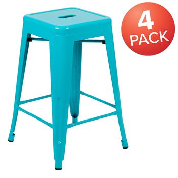Flash Furniture 24&quot; High Metal Counter-Height, Indoor Bar Stool, Stackable, Teal, 4/ST