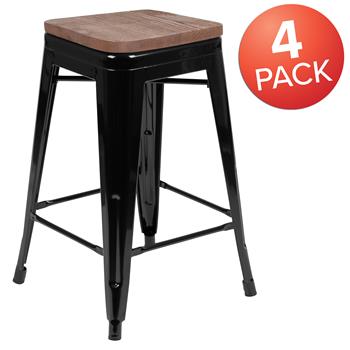 Flash Furniture 24&quot; High Indoor Bar Stool With Wood Seat, Black, Stackable, 4/ST