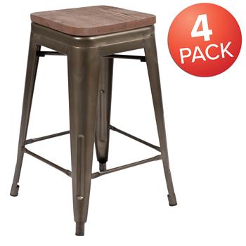 Flash Furniture 24&quot; High Indoor Bar Stool With Wood Seat, Gun Metal Gray, Stackable, 4/ST