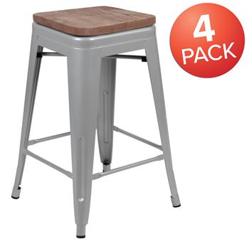 Flash Furniture 24&quot; High Indoor Bar Stool With Wood Seat, Silver, Stackable, 4/ST